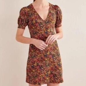 Boden Floral V-Neck Jersey Mini Dress Cotton - Size 14